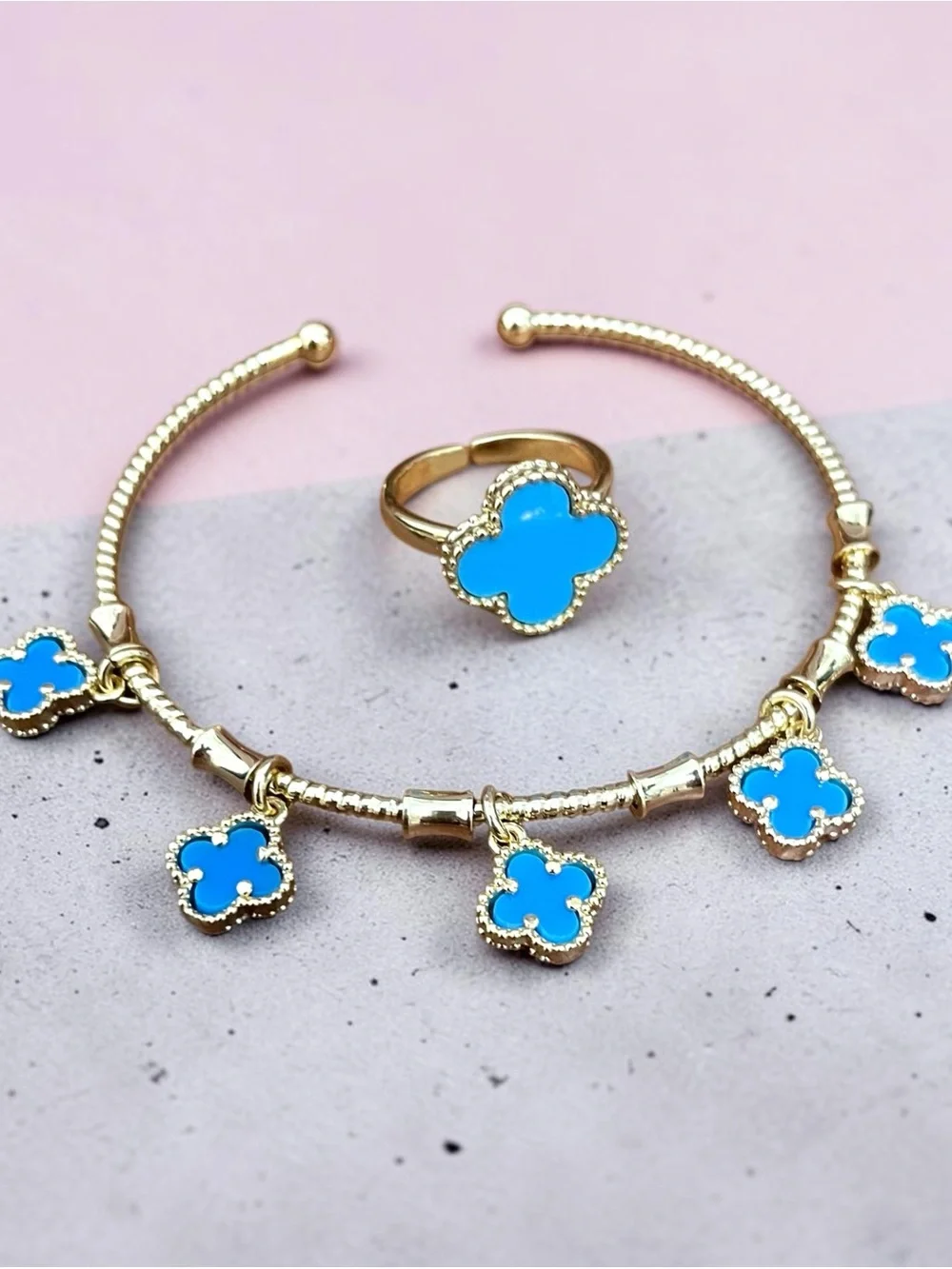 Blue Gold Filled Clovers Adjustable Cuff Bracelet Adjustable Ring 2 Pc Set NWOT